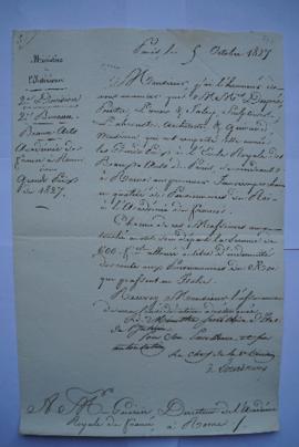 lettre annonçant les grands-prix de 1827 (Dupré, Lanno, Faley, Labrouste et Guiraud), du ministre...