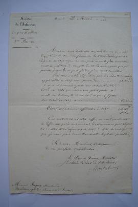 lettre au sujet du compte de l’exercice pour l’année 1837, du ministre de l’Intérieur Montalivet ...