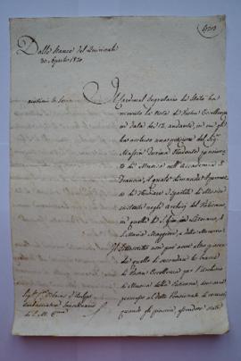 lettre transmettant la demande d’Artaud pour les pensionnaires compositeurs du 12 avril 1820, rel...