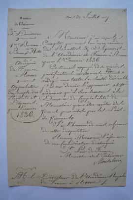 lettre informant de l’approbation du compte des recettes et dépenses pour l’exercice 1836, du min...
