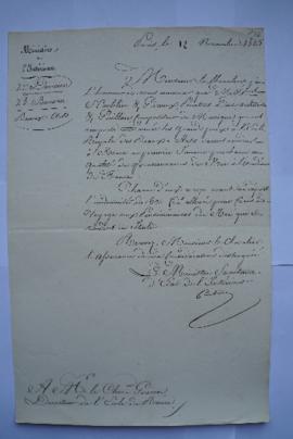 lettre annonçant l’arrivée des nouveaux pensionnaires (Norblin, Giroux, Duc et Guillon), du minis...