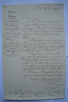 approbation des comptes de 1824, du ministre de l’Intérieur, Corbère, à Pierre-Narcisse Guérin, f...