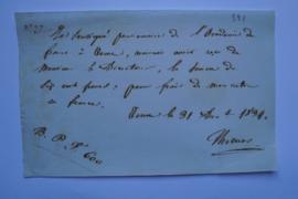 quittance pour les frais de retour en France, du compositeur Ambroise Thomas à Horace Vernet, fol...