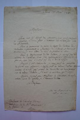 lettre réponse à la demande du 9 avril 1822, de Frosini, majordome des Palais apostoliques à Char...