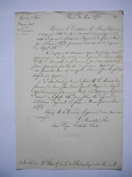 lettre informant du versement pour les dépenses de l’Académie pendant l’année 1852