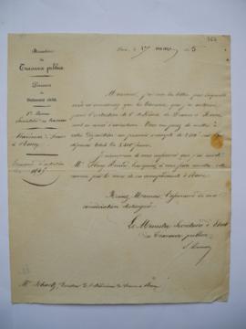 lettre informant des sommes accordées pour les travaux d’entretien de 1845 de Sumon, ministre des...
