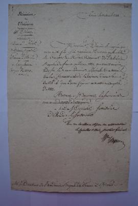 lettre informant de l’approbation du compte de 1820, du secrétaire d’État à Charles Thévenin, fol...