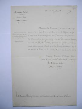 lettre autorisant le retour momentané du graveur Joseph Paul Marius Soumy en France pour cause de...