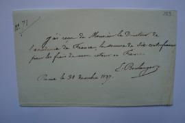 quittance pour les frais de retour en France, du compositeur Ernest Henri Boulanger à Ingres, fol...