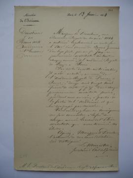 lettre faisant part d’une ordonnance royale du 10 mai 1844 plaçant la somme de 30 000 fr, provena...