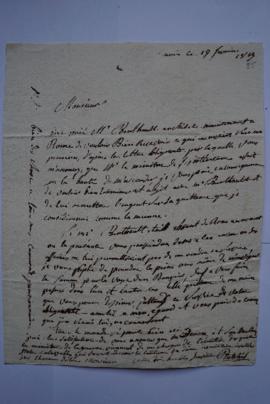 lettre servant de sous-pochette demandant de remettre de l’argent sur la quittance de Benthault, ...