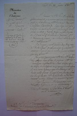 lettre invitation de rembourser une somme de 8000. fr payée à M. Lethière en 1814 par la caisse d...