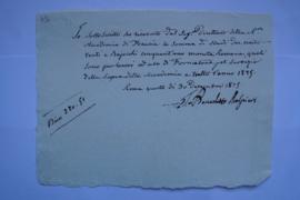 quittance pour le travail du mouleur durant l’année 1825, du mouleur Benedetto Malpieri à Pierre-...
