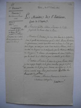 lettre servant de sous-pochette autorisant Abel de Pujol, peintre de revenir à Paris en raison de...