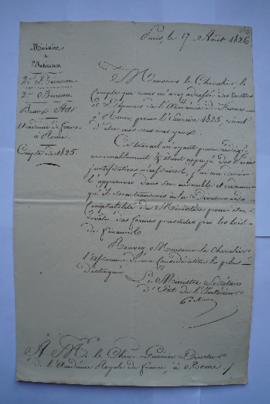 lettre accusant réception des comptes de 1825, du ministre de l’Intérieur à Pierre-Narcisse Guéri...