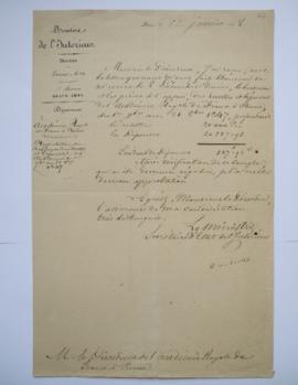 lettre approbation du Bordereau des Recettes et Dépenses du 1er septembre au 31 octobre 1847, de ...