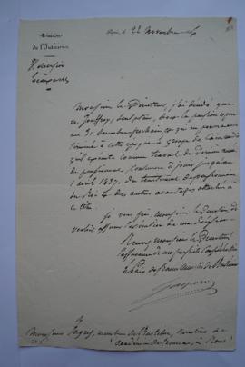 lettre informant de la prolongation du traitement du sculpteur, François Jouffroi, de Gaspari, mi...