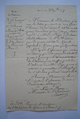 lettre autorisant le congé du secrétaire de l’Académie, du ministre de l’Intérieur Montalivet à I...