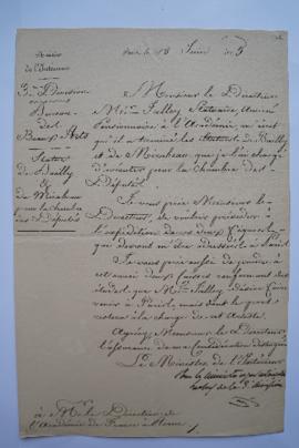 lettre relative à la statue de Bailly et de Mirabeau pour la chambre des Députés, du ministre de ...