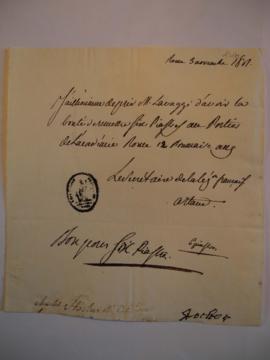 Ordre de payement au portier de l'Académie, par  Artaud, secrétaire de la légation française, à D...