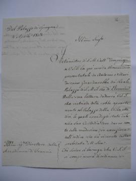 Lettre demandant la restitution des objets de la Villa Medici appartenant au roi d'Etrurie, fol.1...