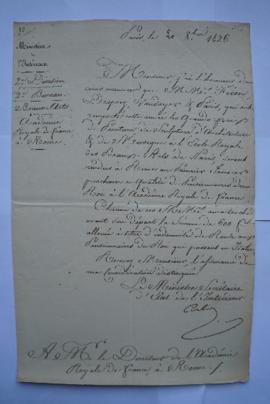 lettre annonçant l’arrivée des nouveaux pensionnaires le 1er janvier 1827 (ferronnier, Desprez, V...